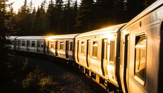 Sunlit commuter train curving through pine forest, golden reflections on metal cars