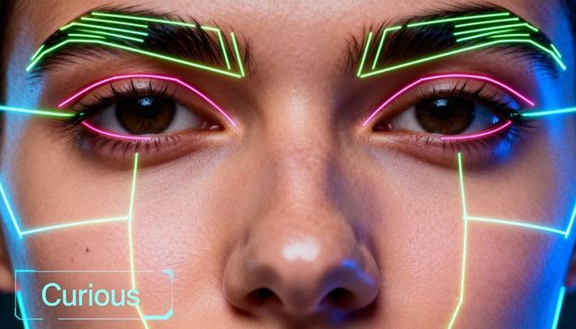 Futuristic closeup of female face with neon hud face mapping and holographic eyebrow lines