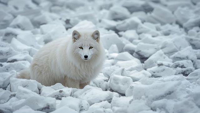 Arctic fox standing on broken sea-ice surveying frozen coast, minimalist winter portrait