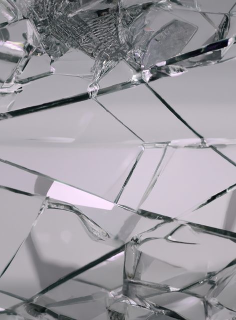 This image captures a detailed close-up of shattered glass, showcasing its intricate and jagged patterns. Ideal for use in design projects emphasizing themes of damage, fragility, or impact. Additionally, it can serve as a unique background or texture for graphic design, advertisements, and digital art projects.