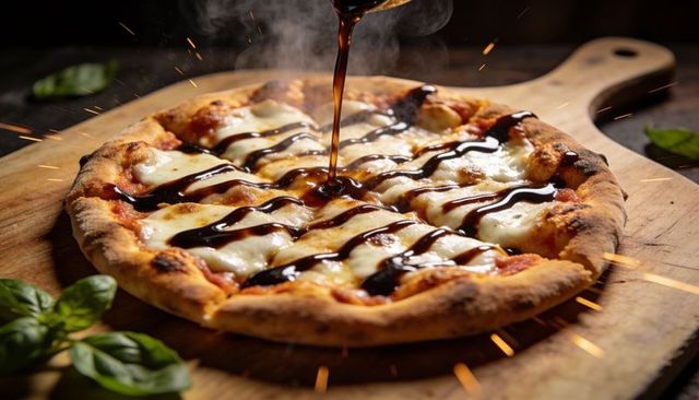 Rustic wood-fired mozzarella pizza drizzling balsamic glaze over hot neapolitan crust