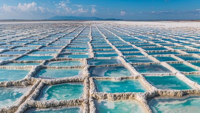 Salt evaporation ponds stretching to horizon with turquoise brine pools and geometric grid