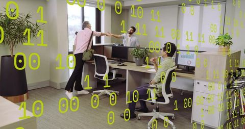 Shaking Hands in Modern Open Office with Binary Code Overlay Showing Tech Collaboration