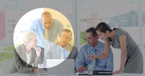 Team of Professionals Analyzing Business Reports with Digital Effects