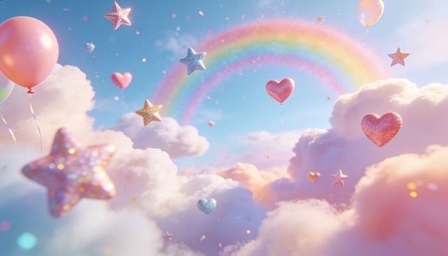 Floating pastel cloudscape with rainbow arc, glittering heart balloons and sparkling stars