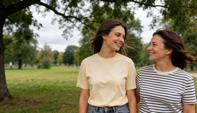 Two women walking and smiling in park, casual conversation, green nature background