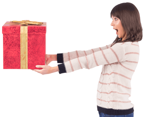 Transparent joyful woman holding large red gift box