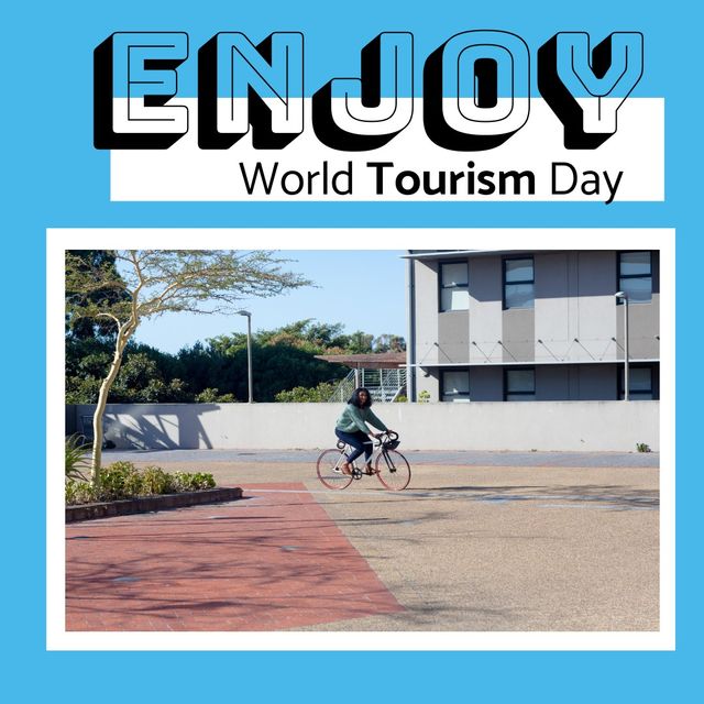 Composite of african american woman riding bicycle on street and enjoy world tourism day text. Transportation, travel, awareness, celebration and social impact concept.