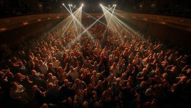 Packed Theater Crowd Cheering and Raising Hands Under Dramatic Spotlights and Haze