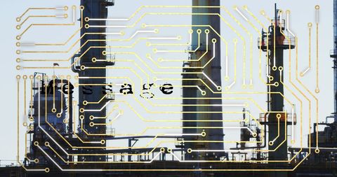 Futuristic Circuit Board Overlay on Oil Refinery Silhouette