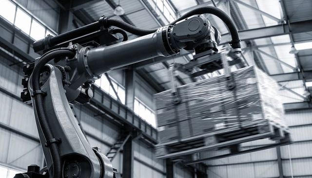 Robotic arm lifting stretch-wrapped pallet in warehouse showing automated logistics