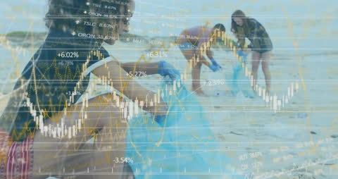 Volunteers Cleaning Beach with Emerging Data Overlay