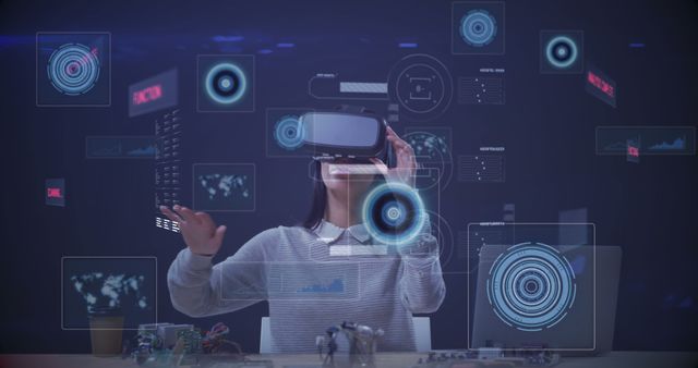 Woman Using Virtual Reality Headset with Holographic Interfaces - Download Free Stock Images Pikwizard.com