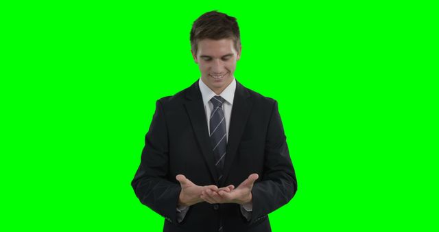 Businessman in suit holding something invisible in his hands against green screen background. Suitable for presentations, corporate videos, business-related content, advertisements, and creative visual effects projects. Perfect for use in media requiring green screen editing.