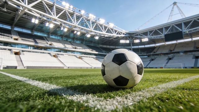 Resting worn black-and-white soccer ball on painted white line at modern stadium near goal