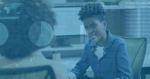 Focused professional discussing analytics in modern office