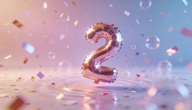 Floating rose-gold foil balloon numeral 2 hovering over water amid confetti and bubbles