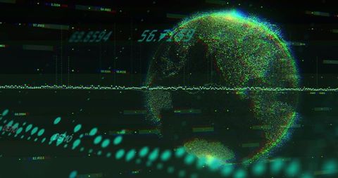 Neon particle globe with HUD scan line and glitch data readouts for cyberpunk interface