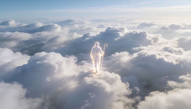 Walking glowing robed figure crossing cloud tops holding curved staff celestial light