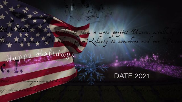 Illustration featuring American flag waving with holiday greetings and text from the Constitution on a dark, decorative background. Symbols of holiday festivities and patriotism suggest applications for cards, banners celebrating national holidays, or promotional materials during the Christmas season coupled with national pride.