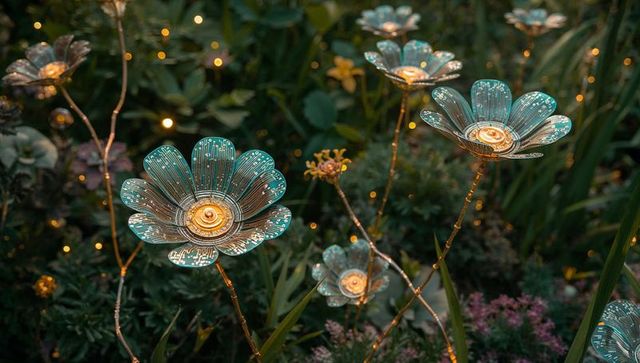 Glowing circuit-pattern metal flowers with teal petals emitting amber light at twilight