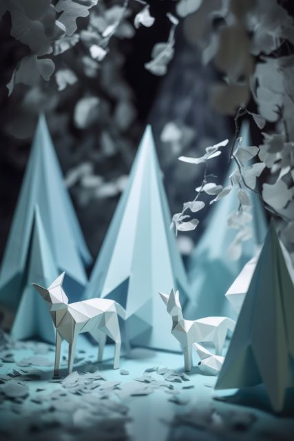 White and blue origami forest and woodland animals at night, created using generative ai technology. Nature, seasons, wildlife and paper craft concept digitally generated image.