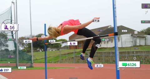Female high jumper setting a new record with social media notifications
