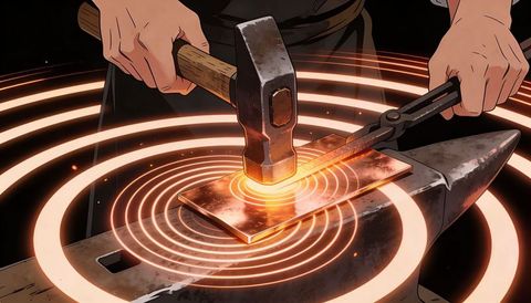 Blacksmith hammering hot metal plate on anvil with radiant heat rings and sparks