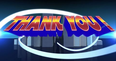 Colorful thank you text over digital cityscape background