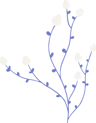 Transparent abstract botanical branch with blue stems and white buds