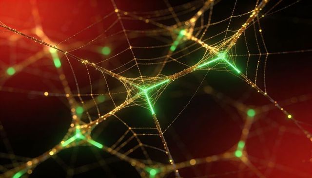 Golden neural mesh weaving glowing green nodes on dark abstract tech background