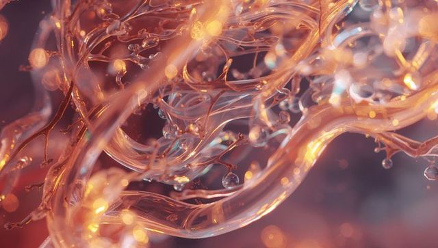 Glassy amber ribbons flowing with luminous droplets and bokeh