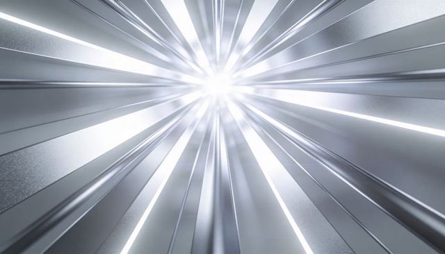 Radiating Silver Tunnel with Converging Ribbed Panels and Central Burst of Light