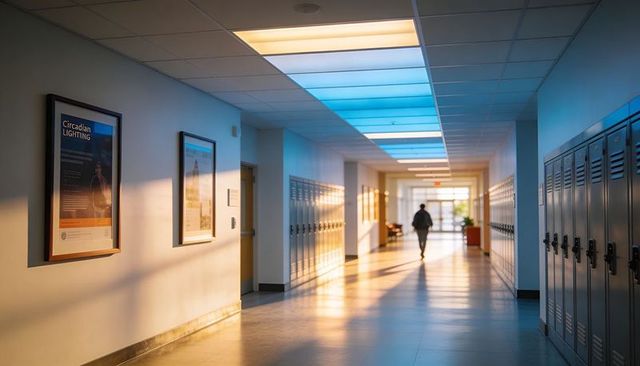 Backlit Student Walking Down Sunlit School Hallway with Lockers and Posters