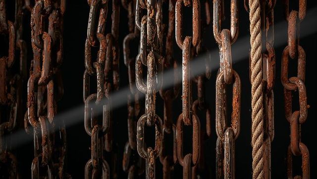 Hanging rusty chains and braided rope with dusty diagonal light and industrial texture