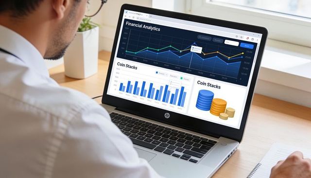 Business analyst analyzing financial dashboard with charts and coin stacks on laptop