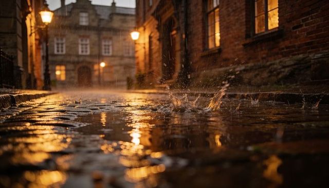 Raindrops splashing on cobblestone alley reflecting warm lamplight at dusk
