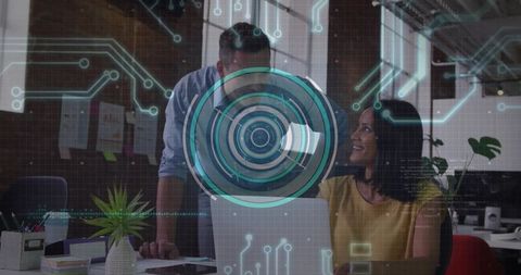 Coworkers Analyzing Data with Technological HUD Overlay in Modern Office