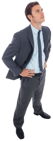 Transparent Thinking Businessman Standing Hands On Hips