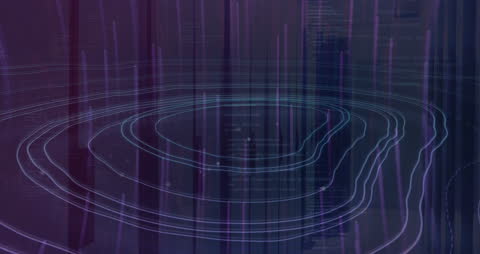 Dynamic Light Trails and Digital Topography on Purple Background