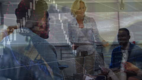 Business Team Collaborating Amidst Financial Data Projections