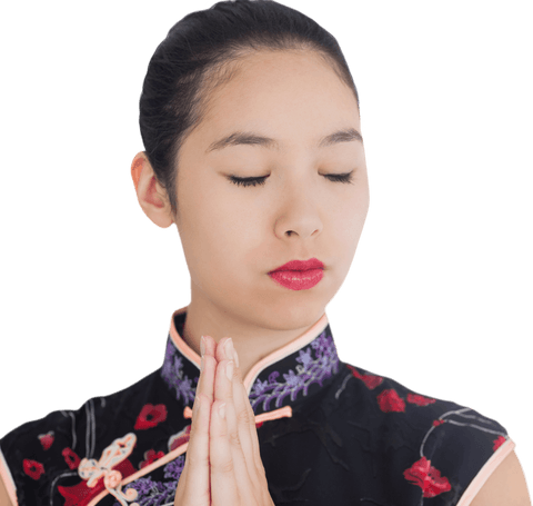 Meditating young woman in traditional geisha style with transparent background
