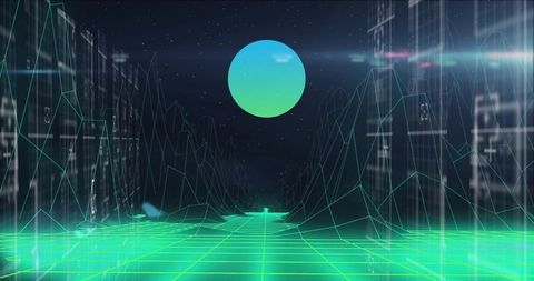 Futuristic Journey Through Neon Virtual Landscape with Digital Orb