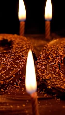 Vertical close-up showing three flickering birthday candles on glossy chocolate cake