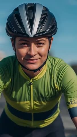 Close-up Vertical Video of Cyclist Riding Road for Training, Pedaling with Helmet