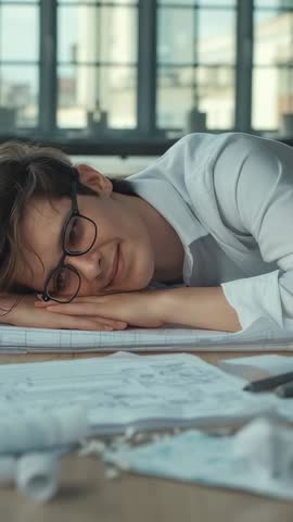 Vertical video of young designer resting on sketches, reflecting on creative work in studio