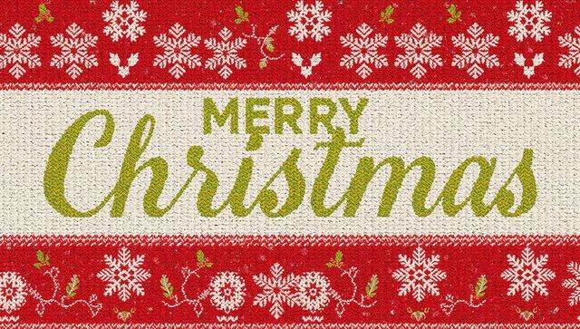 Merry christmas knitted textile pattern with green script on cream band and red snowflakes