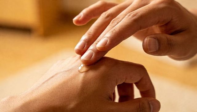 Adult hands applying clear serum on back of hand close-up, skincare routine, moisturizing