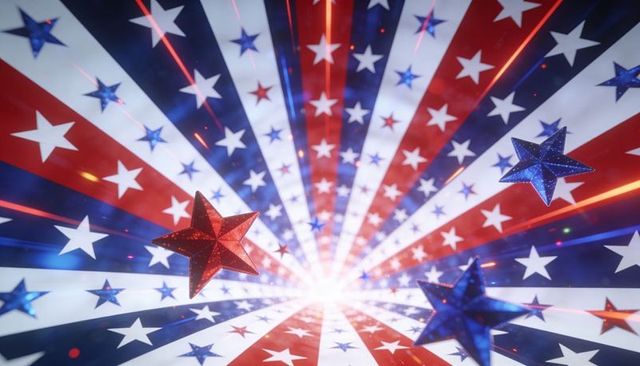 Radial patriotic star tunnel radiating red white blue glitter stars and light burst