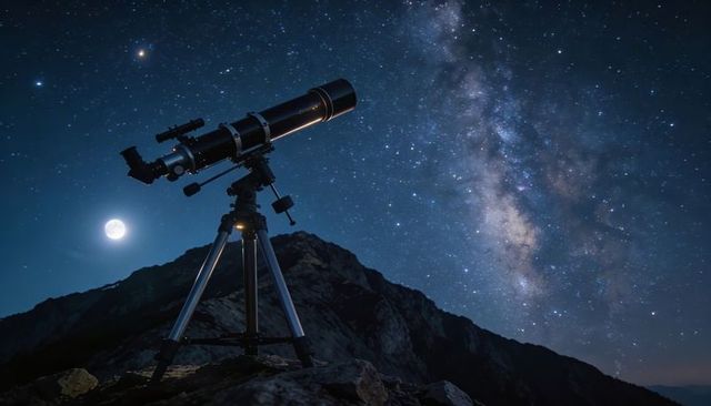 Telescope on rocky ridge pointing at milky way with full moon and mountain silhouette